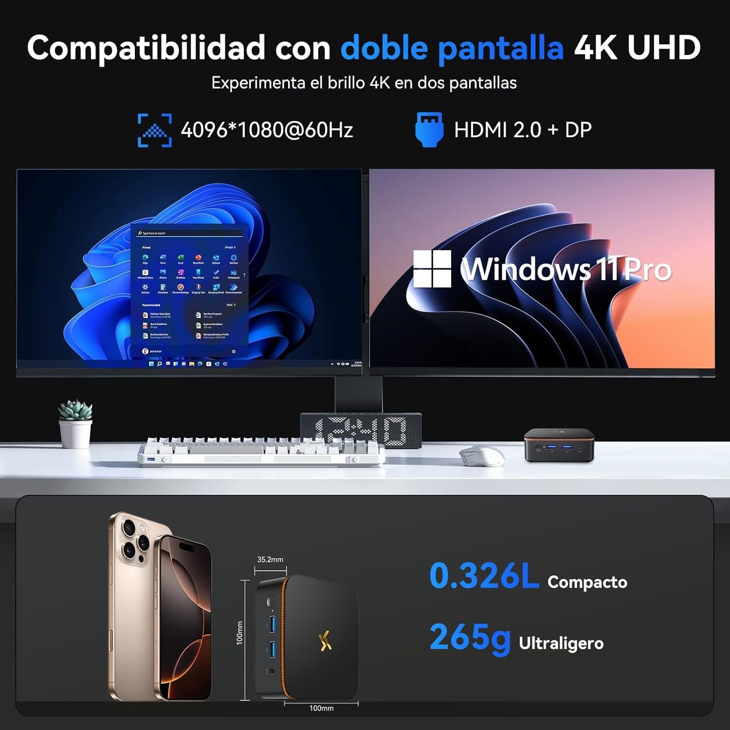 Huidun H50 Mini PC W-11 Pro, Intel Twin Lake N150 (N95/N97 actualizado), 8 GB RAM 256 GB SSD Mini Ordenador,4K@60Hz UHD - Image 8