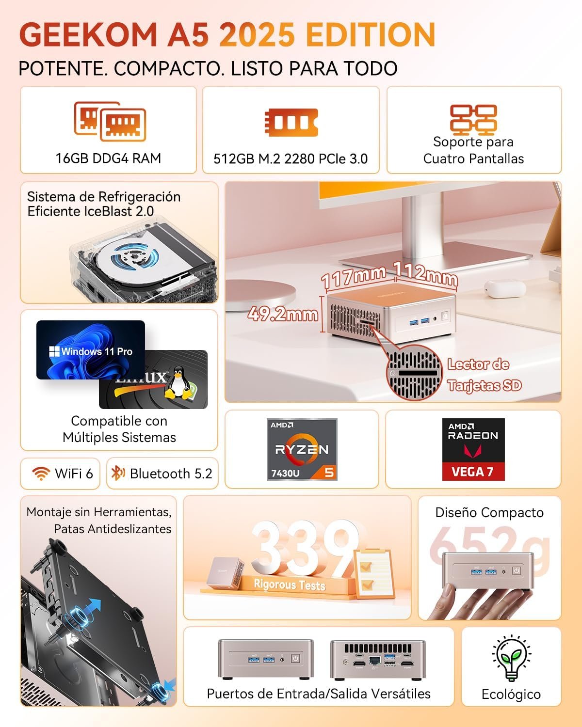 GEEKOM A5 2025 Edition Mini PC con AMD Ryzen 5 7430U, 16GB RAM y 512GB SSD, Windows 11 Pro - Image 2